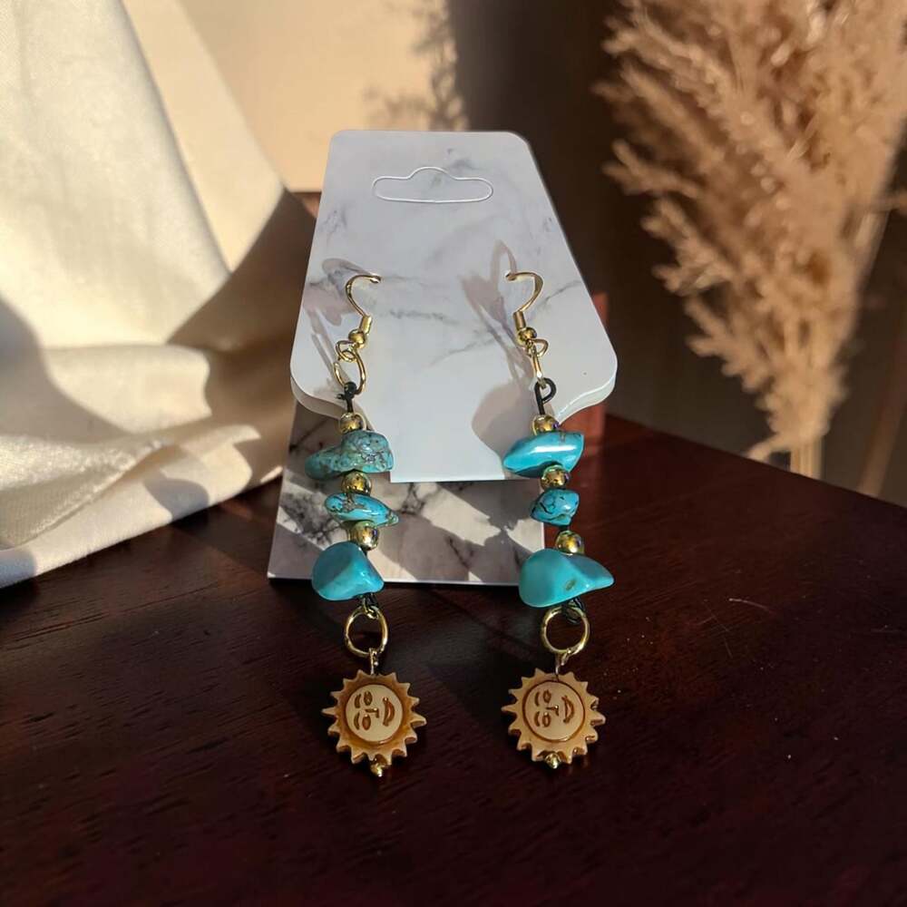 Boho Style Turquoise Chip and Sun Medallion Dangle Earrings